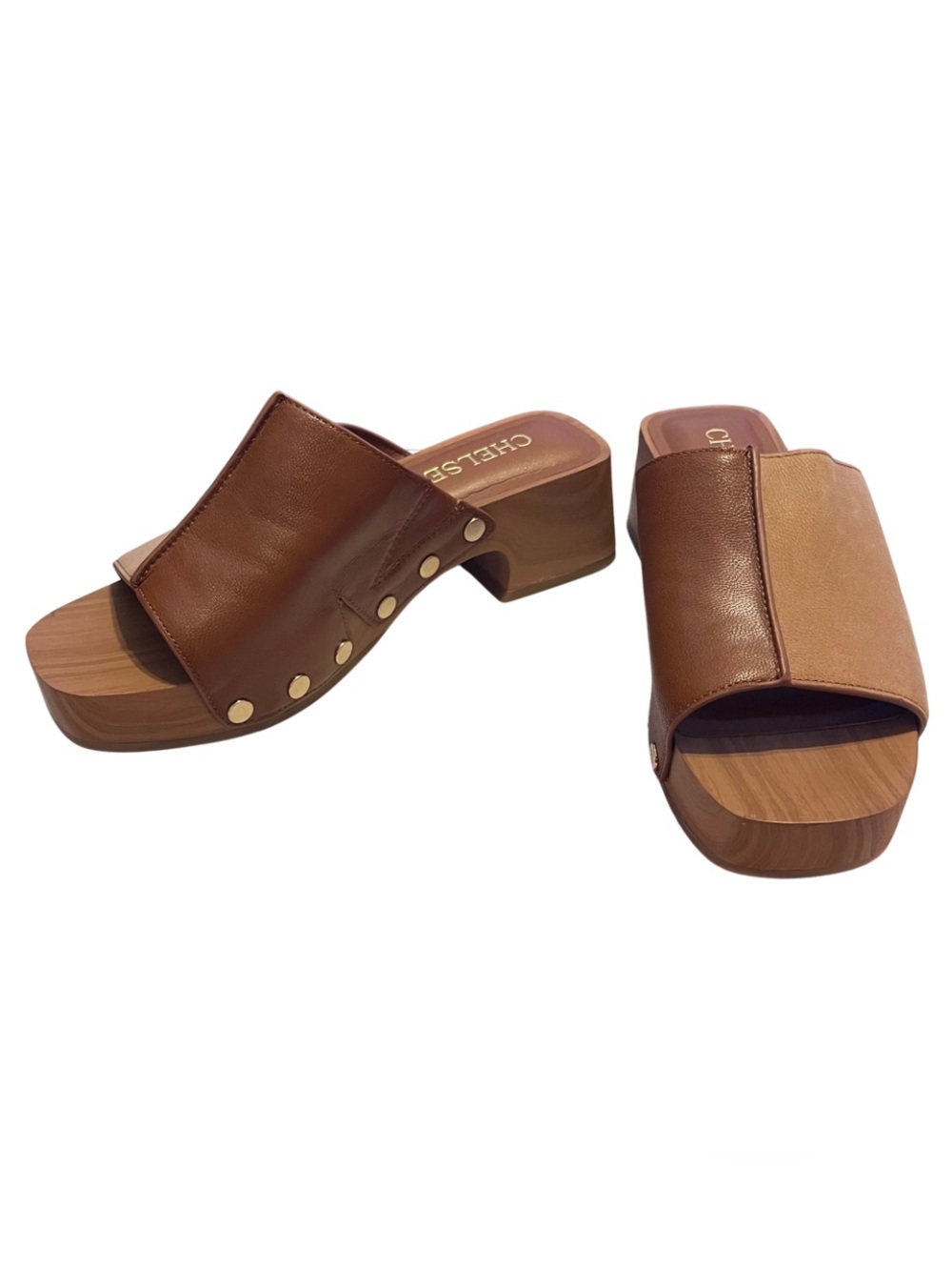 Chelsea & Violet Two-Tone Brown and Tan Leather Slide Platform Mules - Picture 2 of 10